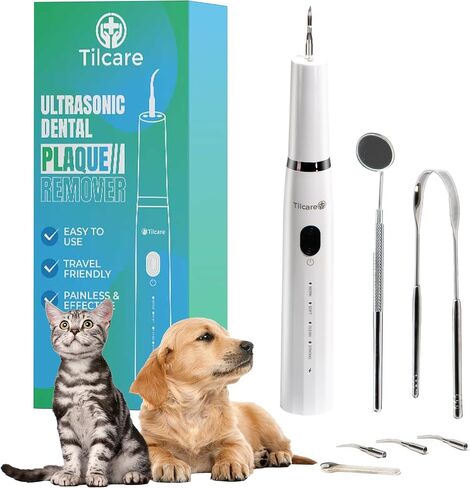 مجموعة تنظيف أسنان الكلاب بالموجات فوق الصوتية من تيلكير مع أداة تنظيف أسنان القطط بإضاءة LED مع 3 أوضاع للتنظيف، و4 رؤوس تنظيف ومنظف اللسان - مزيل جير الكلاب للأسنان in Kuwait