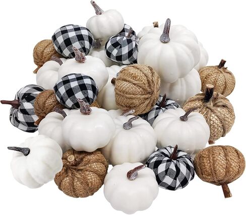 Qinsihwn 24 Pcs Artificial Pumpkins Set,White Pumpkins Burlap Pumpkins and Plaid Fabric Pumpkins,Realistic Fake Pumpkins in Different Size for Halloween Thanksgiving Party Decor in Kuwait