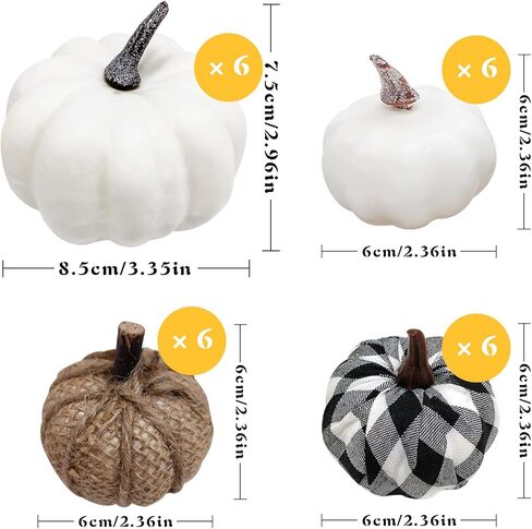 Qinsihwn 24 Pcs Artificial Pumpkins Set,White Pumpkins Burlap Pumpkins and Plaid Fabric Pumpkins,Realistic Fake Pumpkins in Different Size for Halloween Thanksgiving Party Decor in Kuwait