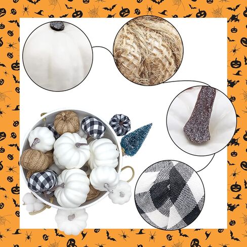 Qinsihwn 24 Pcs Artificial Pumpkins Set,White Pumpkins Burlap Pumpkins and Plaid Fabric Pumpkins,Realistic Fake Pumpkins in Different Size for Halloween Thanksgiving Party Decor in Kuwait