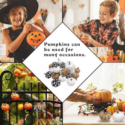 Qinsihwn 24 Pcs Artificial Pumpkins Set,White Pumpkins Burlap Pumpkins and Plaid Fabric Pumpkins,Realistic Fake Pumpkins in Different Size for Halloween Thanksgiving Party Decor in Kuwait