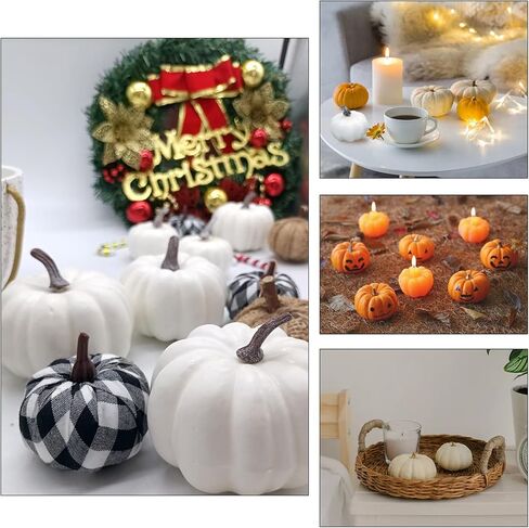 Qinsihwn 24 Pcs Artificial Pumpkins Set,White Pumpkins Burlap Pumpkins and Plaid Fabric Pumpkins,Realistic Fake Pumpkins in Different Size for Halloween Thanksgiving Party Decor in Kuwait