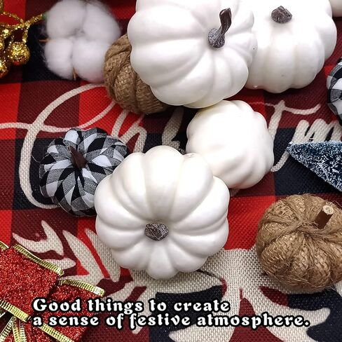 Qinsihwn 24 Pcs Artificial Pumpkins Set,White Pumpkins Burlap Pumpkins and Plaid Fabric Pumpkins,Realistic Fake Pumpkins in Different Size for Halloween Thanksgiving Party Decor in Kuwait