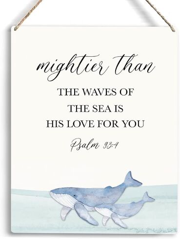 Inspirational Nautical Ocean Whale Decor Mightier Than The Waves of The Sea Psalm 93:4 Wooden Hanging Sign Gift for Baby Kids Girl Boy Nursery Teen Room Bible Verse Wall Art 8 x 10 Inches in Saudi Arabia