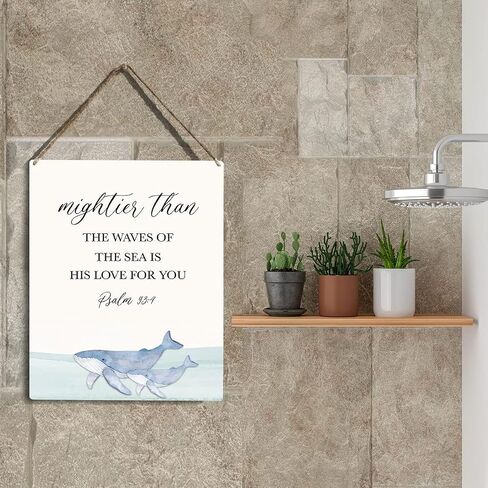 Inspirational Nautical Ocean Whale Decor Mightier Than The Waves of The Sea Psalm 93:4 Wooden Hanging Sign Gift for Baby Kids Girl Boy Nursery Teen Room Bible Verse Wall Art 8 x 10 Inches in Saudi Arabia