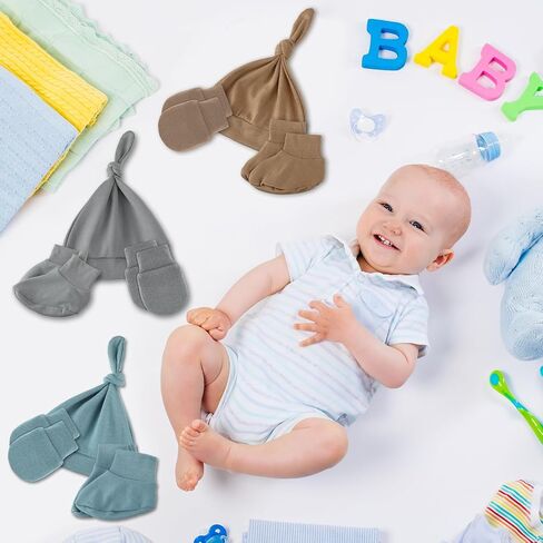 Chuarry 20 Sets Newborn Cotton Hospital Hat Unisex Baby Hats Mittens and Socks Soft Knot for Infant Girls Boys Caps for 0-6 Months in Saudi Arabia
