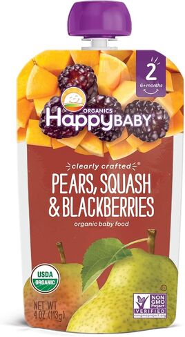 Happy Baby Organics Stage 2 Baby Food Pouches, Gluten Free, Vegan & Healthy Snack, Clearly Crafted Fruit & Veggie Puree, Pear Squash & Blackberries, 4 Ounces (Pack of 1) in Saudi Arabia