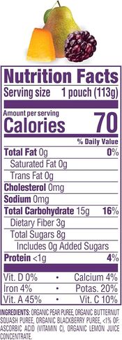 Happy Baby Organics Stage 2 Baby Food Pouches, Gluten Free, Vegan & Healthy Snack, Clearly Crafted Fruit & Veggie Puree, Pear Squash & Blackberries, 4 Ounces (Pack of 1) in Saudi Arabia