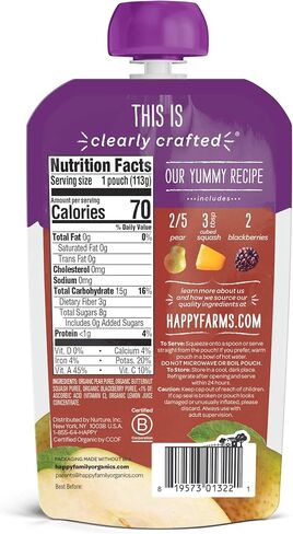 Happy Baby Organics Stage 2 Baby Food Pouches, Gluten Free, Vegan & Healthy Snack, Clearly Crafted Fruit & Veggie Puree, Pear Squash & Blackberries, 4 Ounces (Pack of 1) in Saudi Arabia