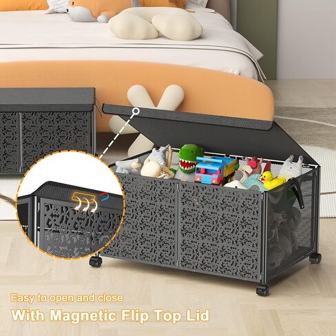 SHIISEWE Toy Storage Box, Metal Toy Organizers and Storage Bins, Large Toy Box for Boys Girls, 70L Toys Storage Chest with Wheels, Collapsible Kids Toy Storage Organizer for Nursery, Playroom in Kuwait