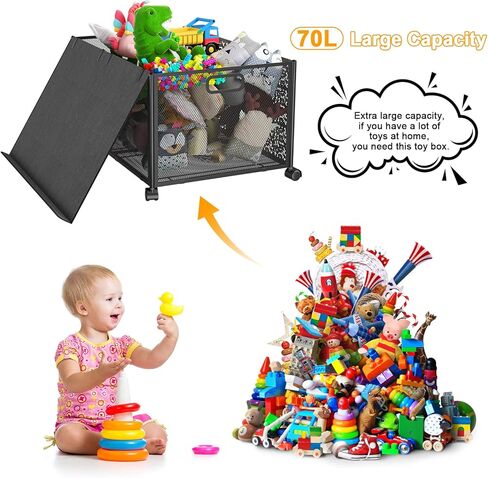 SHIISEWE Toy Storage Box, Metal Toy Organizers and Storage Bins, Large Toy Box for Boys Girls, 70L Toys Storage Chest with Wheels, Collapsible Kids Toy Storage Organizer for Nursery, Playroom in Kuwait