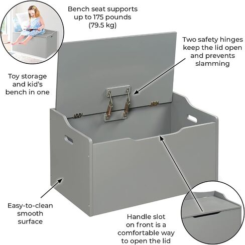 Badger Basket Kid's Wooden Toy Box and Storage Bench Seat with Safety Hinge - Gray in Saudi Arabia