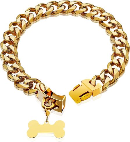 Gold Dog Collar 18K Gold Chain Dog Training Choke Collar Puppy Girl Boy Dog Collars for Small Medium Large Dogs No Pull Dog Training Collar,12in(for 9.5in-11.5in Neck) / 15MM in Kuwait