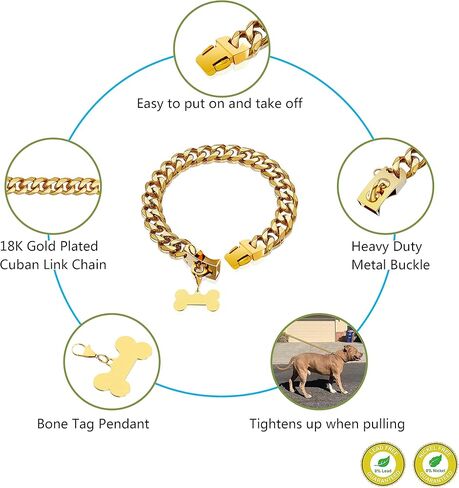 Gold Dog Collar 18K Gold Chain Dog Training Choke Collar Puppy Girl Boy Dog Collars for Small Medium Large Dogs No Pull Dog Training Collar,12in(for 9.5in-11.5in Neck) / 15MM in Kuwait
