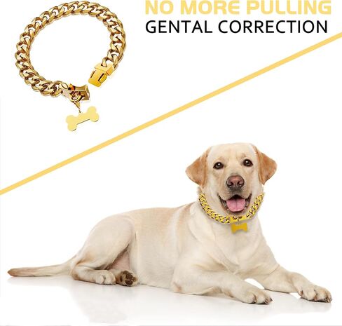 Gold Dog Collar 18K Gold Chain Dog Training Choke Collar Puppy Girl Boy Dog Collars for Small Medium Large Dogs No Pull Dog Training Collar,12in(for 9.5in-11.5in Neck) / 15MM in Kuwait