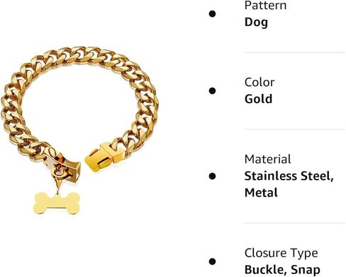 Gold Dog Collar 18K Gold Chain Dog Training Choke Collar Puppy Girl Boy Dog Collars for Small Medium Large Dogs No Pull Dog Training Collar,12in(for 9.5in-11.5in Neck) / 15MM in Kuwait
