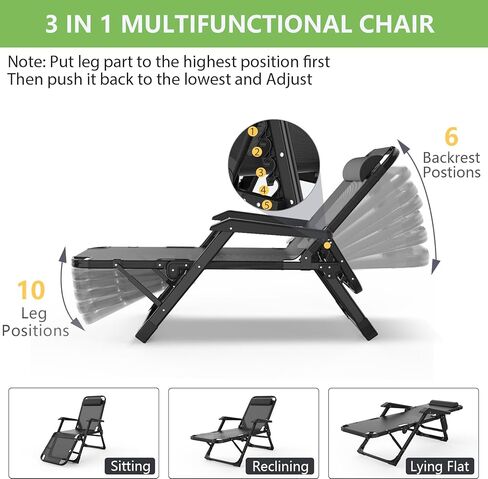 Suteck 3 in 1 Folding Camping Cot, 29In XL Adjustable 6+10 Positions Reclining Portable Outdoor Cot Sleeping Bed Cots w/Pillow Mat Carry Bag, Chaise Lounge Chair for Home Office Nap Beach Pool, Grey in Kuwait