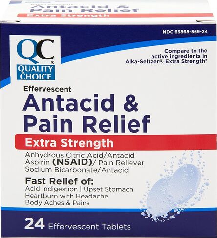 Quality Choice, Extra Strength Effervescent Antacid and Pain Relief Tablets, Relief from Acid Indigestion, Upset Stomach, Heartburn, Body Aches and More, 24 Effervescent Tablets in Saudi Arabia
