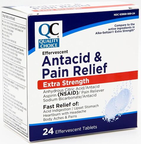 Quality Choice, Extra Strength Effervescent Antacid and Pain Relief Tablets, Relief from Acid Indigestion, Upset Stomach, Heartburn, Body Aches and More, 24 Effervescent Tablets in Saudi Arabia