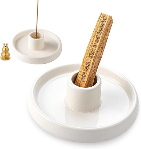 حامل مبخرة من بالو سانتو، حامل عصي بخور مصنوع يدويًا من السيراميك، حامل خشبي برائحة وماسك رماد، هدية مثالية للروحانية او التأمل - ابيض in Kuwait