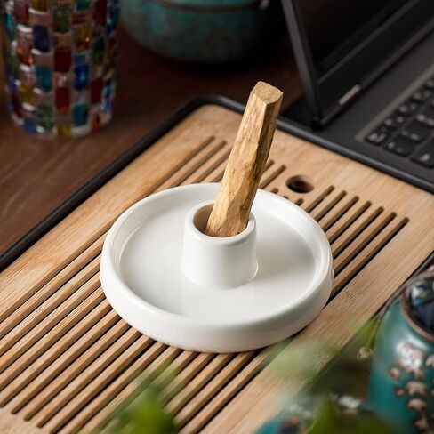 حامل مبخرة من بالو سانتو، حامل عصي بخور مصنوع يدويًا من السيراميك، حامل خشبي برائحة وماسك رماد، هدية مثالية للروحانية او التأمل - ابيض in Kuwait