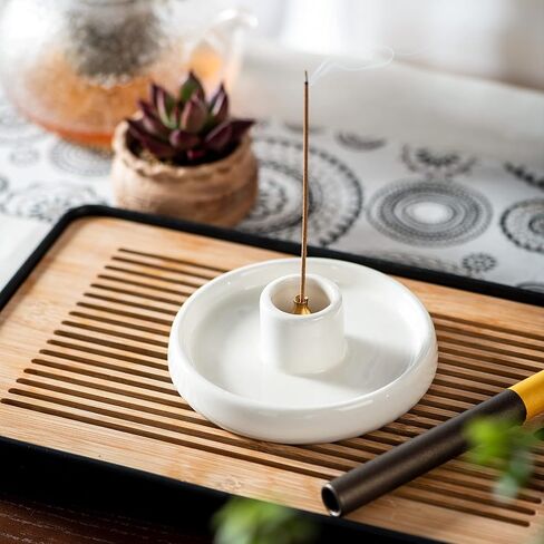 حامل مبخرة من بالو سانتو، حامل عصي بخور مصنوع يدويًا من السيراميك، حامل خشبي برائحة وماسك رماد، هدية مثالية للروحانية او التأمل - ابيض in Kuwait