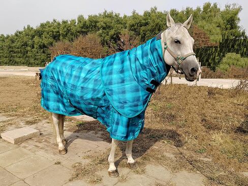 Ankaier 600D بطانية حصان شتوية مقاومة للماء والرياح مع غطاء رقبة قابل للفصل، مواد بوليفيل حرارية عالية الجودة (250 جرام)، نسخة ثقيلة الوزن - أزرق/شبكة - 72 بوصة in Kuwait