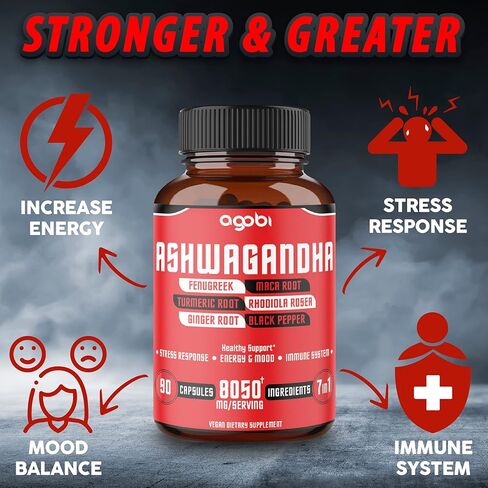 كبسولات مستخلص الأشواغاندا 8050 ملجم - 7 أعشاب مجتمعة، الحلبة والماكا والكركم والروديولا والزنجبيل والفلفل الأسود - 90 كبسولة لمدة 3 أشهر - مكملات تدعم النوم الطبيعي والغدة الكظرية والمناعة والطاقة in Kuwait