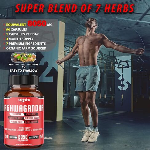 كبسولات مستخلص الأشواغاندا 8050 ملجم - 7 أعشاب مجتمعة، الحلبة والماكا والكركم والروديولا والزنجبيل والفلفل الأسود - 90 كبسولة لمدة 3 أشهر - مكملات تدعم النوم الطبيعي والغدة الكظرية والمناعة والطاقة in Kuwait