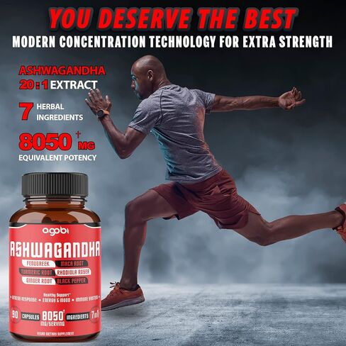 كبسولات مستخلص الأشواغاندا 8050 ملجم - 7 أعشاب مجتمعة، الحلبة والماكا والكركم والروديولا والزنجبيل والفلفل الأسود - 90 كبسولة لمدة 3 أشهر - مكملات تدعم النوم الطبيعي والغدة الكظرية والمناعة والطاقة in Kuwait