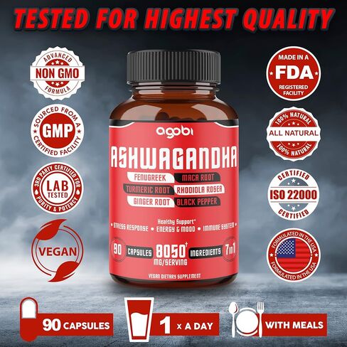 كبسولات مستخلص الأشواغاندا 8050 ملجم - 7 أعشاب مجتمعة، الحلبة والماكا والكركم والروديولا والزنجبيل والفلفل الأسود - 90 كبسولة لمدة 3 أشهر - مكملات تدعم النوم الطبيعي والغدة الكظرية والمناعة والطاقة in Kuwait