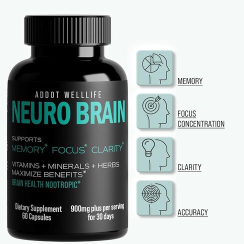 ADDOT WELLLIFE Neuro Brain - مكمل Nootropics Brain لذاكرة ألفا الدماغية ومكملات التركيز - دعم الدماغ لتحسين الذاكرة والتركيز والوضوح in Kuwait