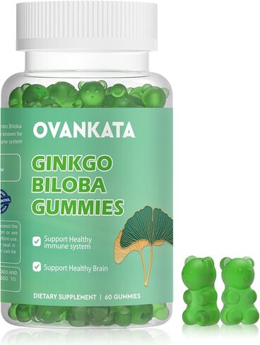 Ovankata Ginkgo Biloba Gummies-مكملات جينكو بيلوبا العضوية لتعزيز الدماغ والدورة الدموية وتحسين المزاج والتركيز، نباتي غير معدل وراثيًا - 120 مجم، 60 قطعة in Kuwait