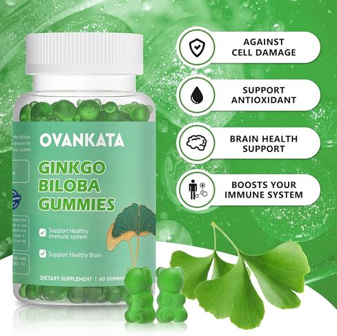 Ovankata Ginkgo Biloba Gummies-مكملات جينكو بيلوبا العضوية لتعزيز الدماغ والدورة الدموية وتحسين المزاج والتركيز، نباتي غير معدل وراثيًا - 120 مجم، 60 قطعة in Kuwait