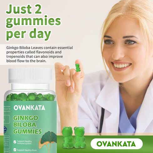Ovankata Ginkgo Biloba Gummies-مكملات جينكو بيلوبا العضوية لتعزيز الدماغ والدورة الدموية وتحسين المزاج والتركيز، نباتي غير معدل وراثيًا - 120 مجم، 60 قطعة in Kuwait