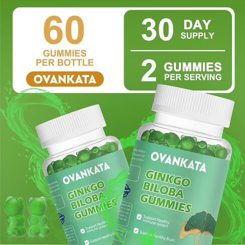 Ovankata Ginkgo Biloba Gummies-مكملات جينكو بيلوبا العضوية لتعزيز الدماغ والدورة الدموية وتحسين المزاج والتركيز، نباتي غير معدل وراثيًا - 120 مجم، 60 قطعة in Kuwait