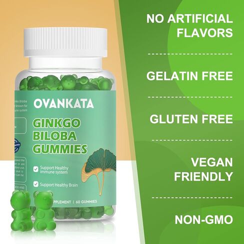 Ovankata Ginkgo Biloba Gummies-مكملات جينكو بيلوبا العضوية لتعزيز الدماغ والدورة الدموية وتحسين المزاج والتركيز، نباتي غير معدل وراثيًا - 120 مجم، 60 قطعة in Kuwait