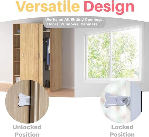 Millie (4 عبوات) قفل باب زجاجي منزلق للأطفال - أقفال نافذة منزلقة آمنة للأطفال أبواب خزانة الباحة الأطفال لا تحتاج إلى أدوات الحفر (أبيض) in Kuwait