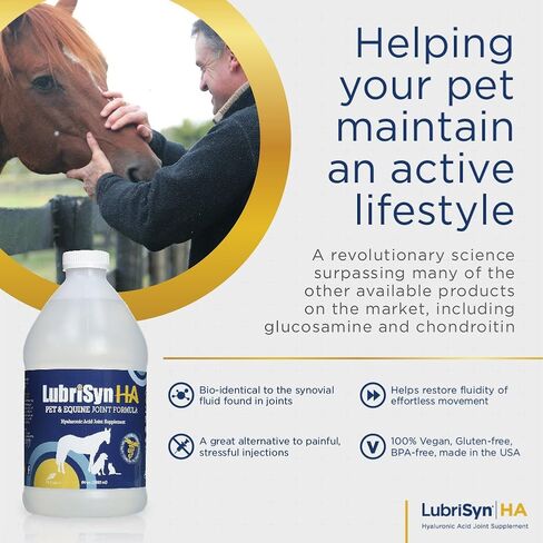تركيبة LubriSynHA حمض الهيالورونيك للحيوانات الأليفة والخيول 64oz - هيالورونان سائل طبيعي بالكامل وعالي الوزن الجزيئي - دعم مشترك للخيول والكلاب والقطط - يعزز وظيفة المفاصل الصحية، صنع في الولايات المتحدة الأمريكية in Kuwait