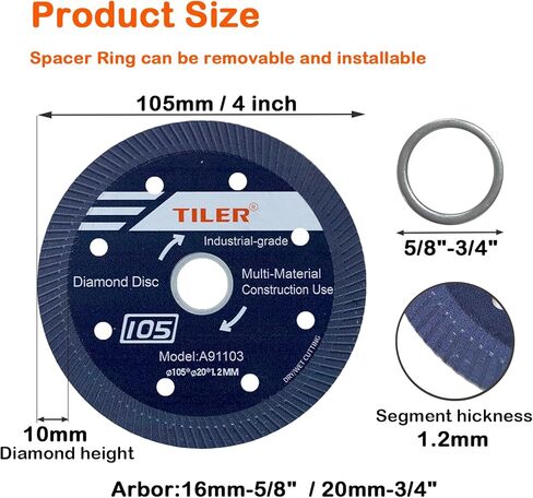 TILER 4 Inch Diamond Blade, Super Thin Diamond Blade for Angle Grinder, Tile Blade for Cutting Porcelain Tiles, Granite Marble Ceramics DE-105 in Kuwait