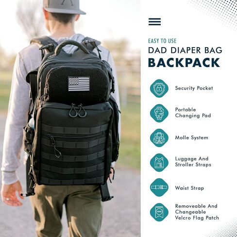 Dad diaper bag | Military Diaper backpack | Large baby bag | diaper bag backpack with portable changing station | New dad gifts for men, Black, Large, Travel Backpacks in Saudi Arabia