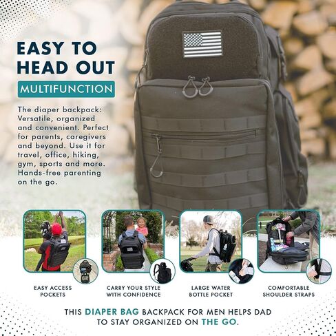 Dad diaper bag | Military Diaper backpack | Large baby bag | diaper bag backpack with portable changing station | New dad gifts for men, Black, Large, Travel Backpacks in Saudi Arabia