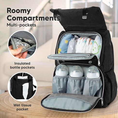 KeaBabies Baby Diaper Bag Backpack with Changing Pad, Large (Trendy Black) | Waterproof Baby Bag for Mom and Dad, Insulated Bottle Pockets, Durable Toddler, Twin, Boy Girl Diaper Backpack for Travel in Saudi Arabia