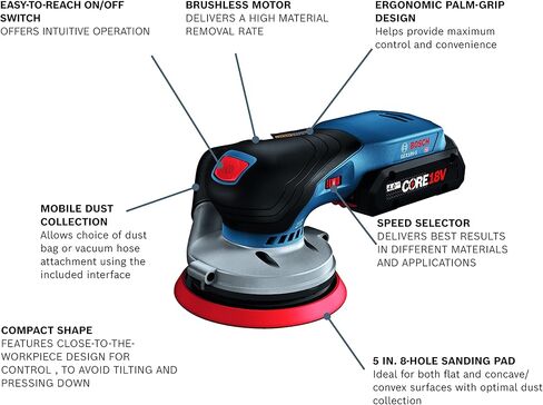 مجموعة أدوات الصنفرة المدارية العشوائية من Bosch GEX18V-5B15 18 فولت مقاس 5 بوصات مع بطارية 4.0 أمبير في الساعة ومجموعة الغبار المتنقلة بالإضافة إلى خيار مرفق خرطوم المكنسة (متجدد) in Saudi Arabia