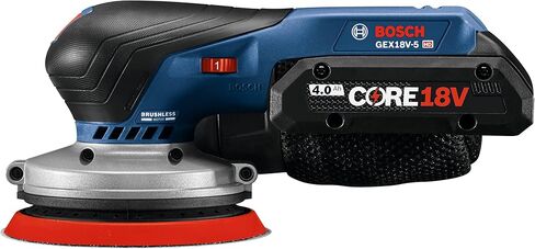 مجموعة أدوات الصنفرة المدارية العشوائية من Bosch GEX18V-5B15 18 فولت مقاس 5 بوصات مع بطارية 4.0 أمبير في الساعة ومجموعة الغبار المتنقلة بالإضافة إلى خيار مرفق خرطوم المكنسة (متجدد) in Saudi Arabia