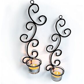 Lily’s Home Art Deco Leaves Wall Sconce Tea Light Candle Holders, Steel, Black, Set of 3. Clear Glass Tealight Candle Holders Included