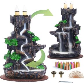 حامل مباخر باكيفلو من سوو، نافورة جبلية للبخور على الوجهين، مع 120 مخاريط بخور مطوّرة + 30 عصا بخور + 1 ملقط + 1 بساط ديكور منزلي لليوجا التأمل، إصدار جديد in Kuwait