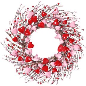 Sggvecsy 21’’ Valentine's Day Wreath Handmade Foam Heart Shaped Wreath Red Pip Berry Artificial Rustic Twig Wreath Artificial Door Wreath for Wedding Party Home Office Decor