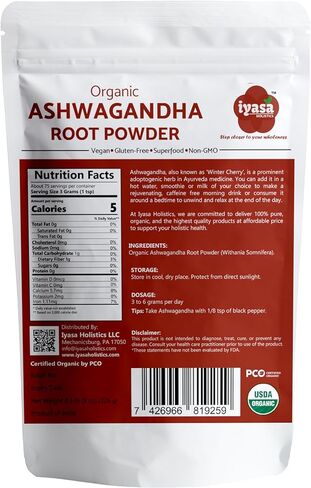 Iyasa Holistics Organic Ashwagandha Powder, Withania Somnifera, Ayurveda Superfood from India, Workout Supplement, Resealable Pack of 8 oz (Pack of 1) in Saudi Arabia
