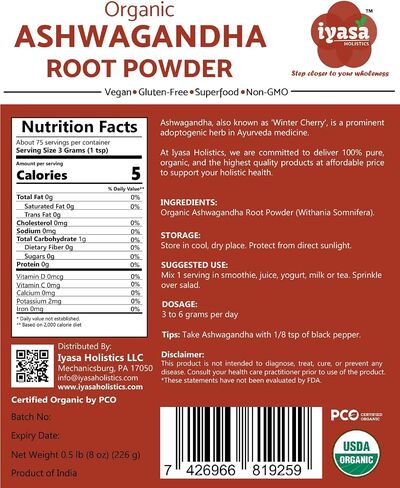Iyasa Holistics Organic Ashwagandha Powder, Withania Somnifera, Ayurveda Superfood from India, Workout Supplement, Resealable Pack of 8 oz (Pack of 1) in Saudi Arabia